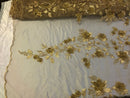 Gold 3D Floral Design Embroider With Pearls On A Mesh Lace Dresses-Prom-Nightgown By Yard