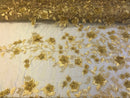 Gold 3D Floral Design Embroider With Pearls On A Mesh Lace Dresses-Prom-Nightgown By Yard