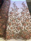 Flower 3D Fabric - Skin - Embroided Fabric Flower Pearls and Leaf Decor Sold by The Yard