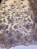 Lavander 3D Floral Design Embroider With Pearls On A Mesh Lace Dresses-Prom-Nightgown By Yard