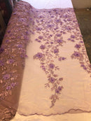 Lavander 3D Floral Design Embroider With Pearls On A Mesh Lace Dresses-Prom-Nightgown By Yard