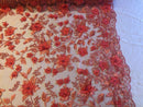 Coral 3D Floral Design Embroider With Pearls On A Mesh Lace Dresses-Prom-Nightgown By Yard