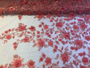 Coral 3D Floral Design Embroider With Pearls On A Mesh Lace Dresses-Prom-Nightgown By Yard