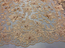 Blush Peach 3D Floral Design Embroider With Pearls On A Mesh Lace By The Yard