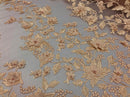 Blush Peach 3D Floral Design Embroider With Pearls On A Mesh Lace By The Yard