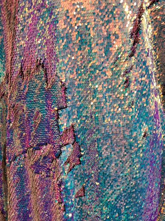 Mermaid Sequins Fabric Reversible 2 Way Stretch IRIDESCENT AQUA Shiny Flip Up Prom-Gown By Yard