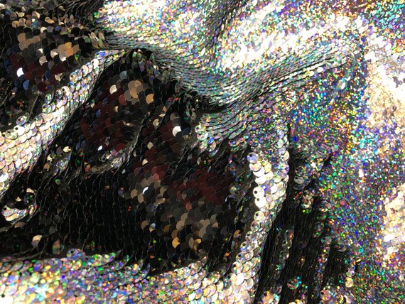 Mermaid Sequins Fabric Black/Silver Hologram Flip up Sequins Reversible Nightgowns-Prom By The Yard