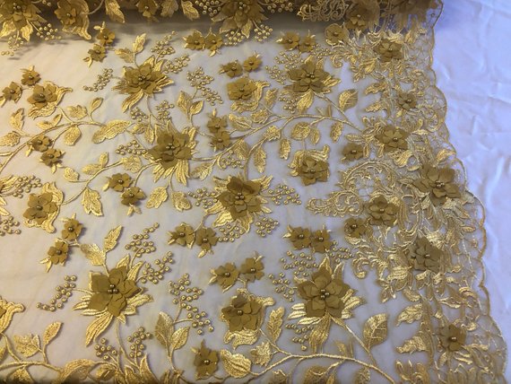 Gold 3D Floral Design Embroider With Pearls On A Mesh Lace Dresses-Prom-Nightgown By Yard