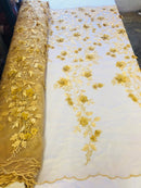 Gold 3D Floral Design Embroider With Pearls On A Mesh Lace Dresses-Prom-Nightgown By Yard
