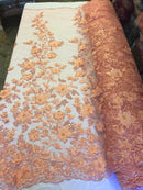 Peach 3D Floral Design Embroider With Pearls On A Mesh Lace Dresses-Prom-Nightgown By Yard