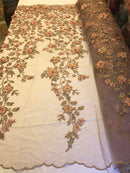 Flower 3D Fabric - Skin - Embroided Fabric Flower Pearls and Leaf Decor Sold by The Yard