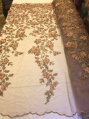 Flower 3D Fabric - Skin - Embroided Fabric Flower Pearls and Leaf Decor Sold by The Yard