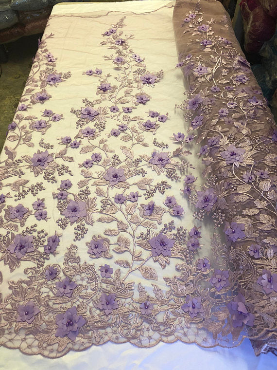 Lavander 3D Floral Design Embroider With Pearls On A Mesh Lace Dresses-Prom-Nightgown By Yard