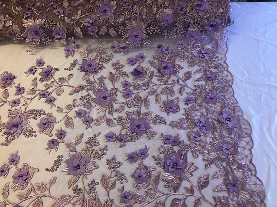 Lavander 3D Floral Design Embroider With Pearls On A Mesh Lace Dresses-Prom-Nightgown By Yard