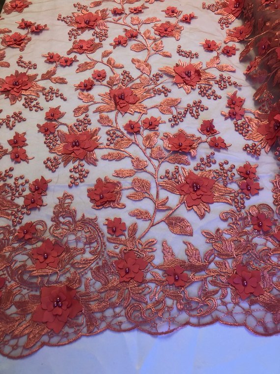 Coral 3D Floral Design Embroider With Pearls On A Mesh Lace Dresses-Prom-Nightgown By Yard