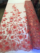 Coral 3D Floral Design Embroider With Pearls On A Mesh Lace Dresses-Prom-Nightgown By Yard