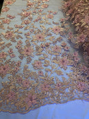 Blush Pink 3D Floral Design Embroider With Pearls On A Mesh Lace Dresses-Prom-Nightgown By Yard