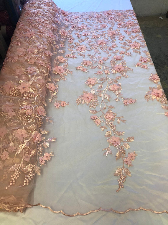 Blush Pink 3D Floral Design Embroider With Pearls On A Mesh Lace Dresses-Prom-Nightgown By Yard