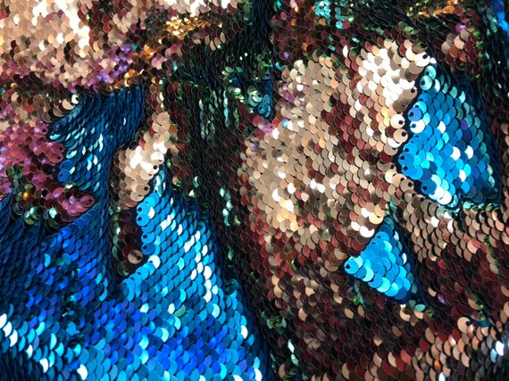 Flip Up Sequins Reversible Turquoise Shiny-Gold Sequins Fabric Nightgowns-Prom Gown By The Yard