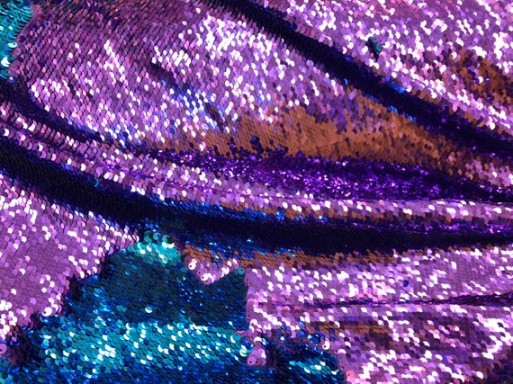 Flip Up Sequins Reversible Purple-Turquoise Shiny Sequins Fabric Nightgowns-Prom Gown By The Yard