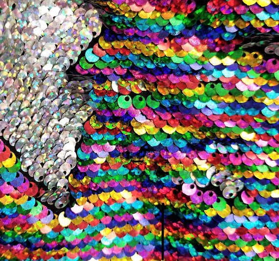 Flip Up Sequins Reversible Rainbow-Silver Hologram Sequins Fabric-Nightgowns-Prom-Gown By The Yard