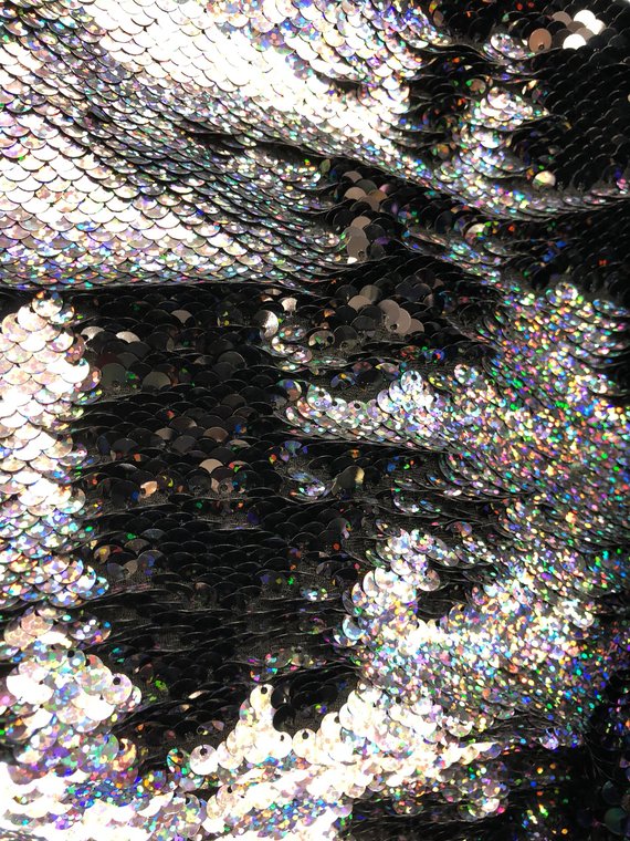 Mermaid Sequins Fabric Black/Silver Hologram Flip up Sequins Reversible Nightgowns-Prom By The Yard