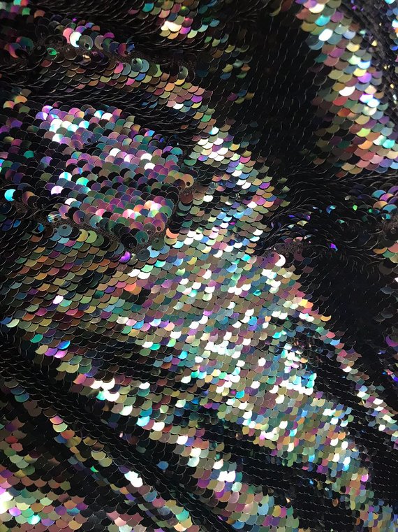 Flip Up Sequins Mermaid Sequins Fabric Black Multi-Color Reversible 2 Way Stretch Prom-Gown By Yard