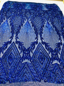 Sequins 4 Way Stretch Shiny Fabric with Triangle Net Pattern - Royal Blue - Fabric Sold by The Yard