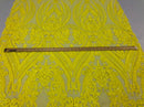 Big Damask Sequins Fabric - Yellow - 4 Way Stretch Damask Sequins Design Fabric By Yard