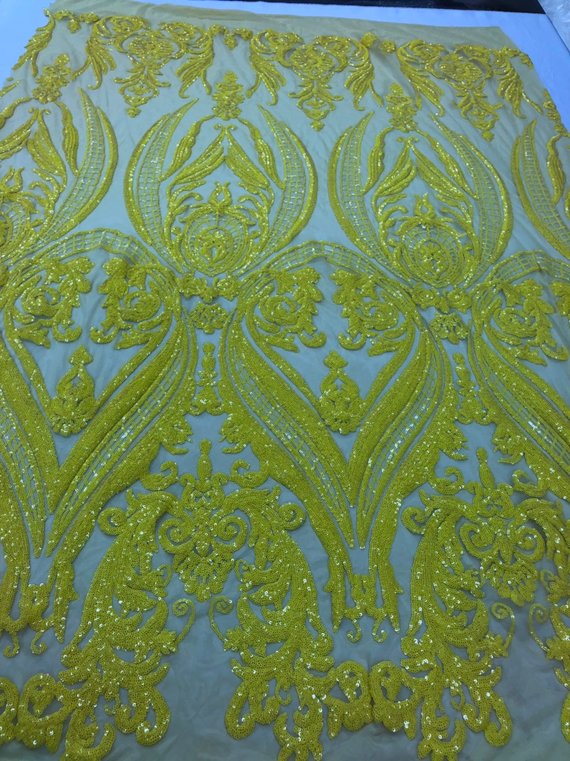 Big Damask Sequins Fabric - Yellow - 4 Way Stretch Damask Sequins Design Fabric By Yard