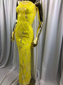 Big Damask Sequins Fabric - Yellow - 4 Way Stretch Damask Sequins Design Fabric By Yard