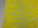 YELLOW 4 Way Stretch Mesh - Sequins Pattern Elegant Design Mesh Fabric Sold By The Yard