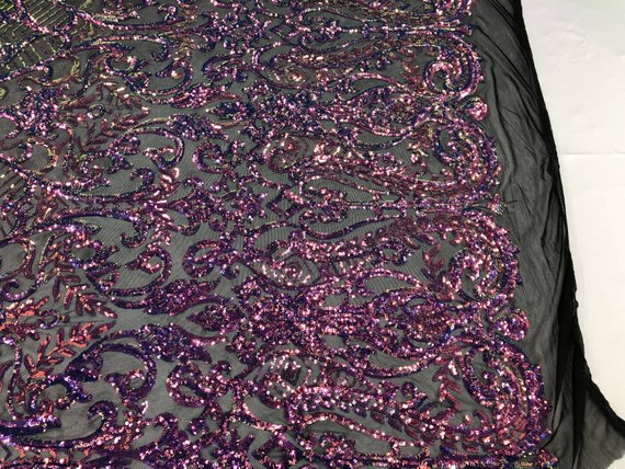 Iridescent - Magenta Rainbow - 4 Way Stretch Sequins Vines Pattern Fabric  - Sold By The Yard