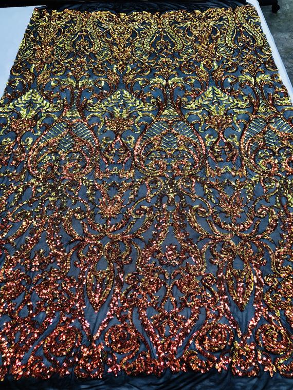Iridescent - Orange Black Mesh - 4 Way Stretch Sequins Vines Pattern Fabric  - Sold By The Yard