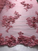 Floral - Coral Pink  - 3D Beaded Embroidery Fabric with Rhinestones - Beautiful Design by The Yard