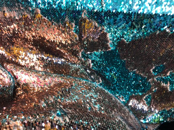 Flip Up Sequins Reversible Rose Gold-Turquoise Sequins Fabric Dresses-Nightgowns-Prom-Gown By Yard