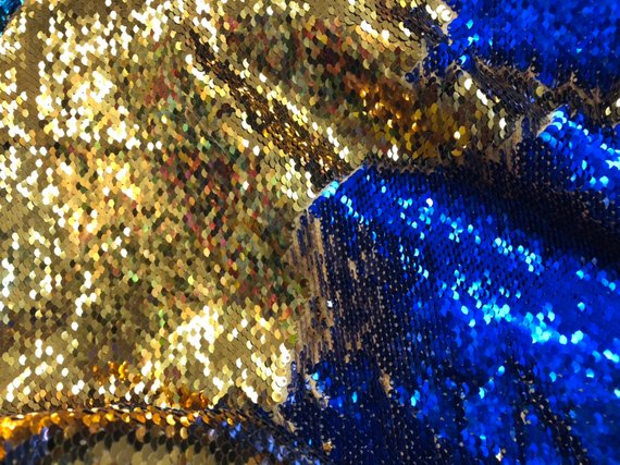 Flip Up Sequins Reversible By The Yard Gold Shiny-Royal Blue Sequins Fabric ,Nightgowns-Prom-Gown