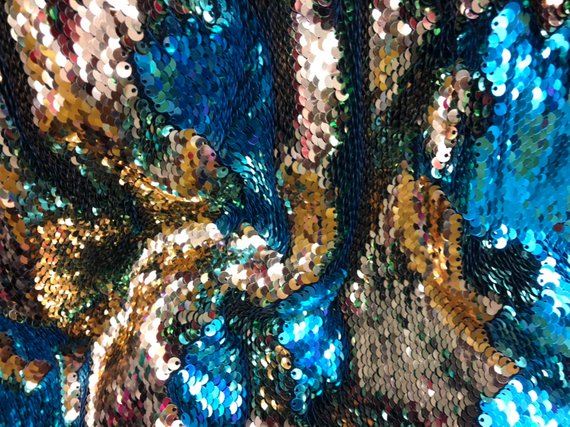 Flip Up Sequins Reversible Turquoise Shiny-Gold Sequins Fabric Nightgowns-Prom Gown By The Yard