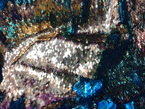 Flip Up Sequins Reversible Turquoise Shiny-Gold Sequins Fabric Nightgowns-Prom Gown By The Yard