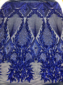 Sequins 4 Way Stretch Shiny Fabric with Triangle Net Pattern - Royal Blue - Fabric Sold by The Yard