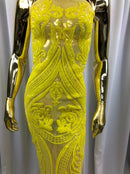 YELLOW 4 Way Stretch Mesh - Sequins Pattern Elegant Design Mesh Fabric Sold By The Yard