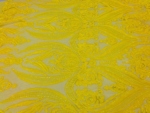 YELLOW 4 Way Stretch Mesh - Sequins Pattern Elegant Design Mesh Fabric Sold By The Yard