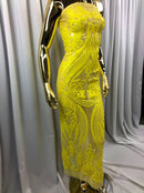 Big Damask Sequins Fabric - Yellow - 4 Way Stretch Damask Sequins Design Fabric By Yard