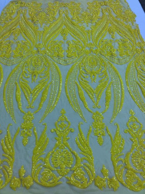 Big Damask Sequins Fabric - Yellow - 4 Way Stretch Damask Sequins Design Fabric By Yard