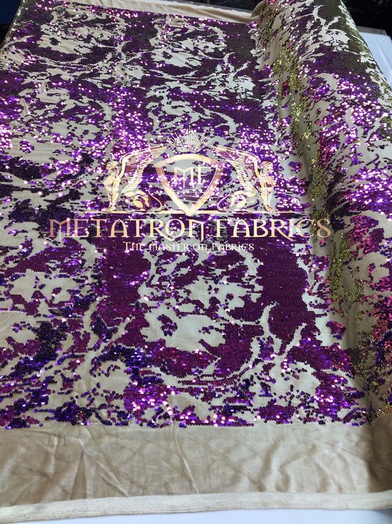 Velvet 4 Way Stretch Shiny Reversible Sequins Fabric Iridescent Purple/Purple On Velvet By Yard