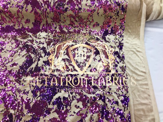 Velvet 4 Way Stretch Shiny Reversible Sequins Fabric Iridescent Purple/Purple On Velvet By Yard