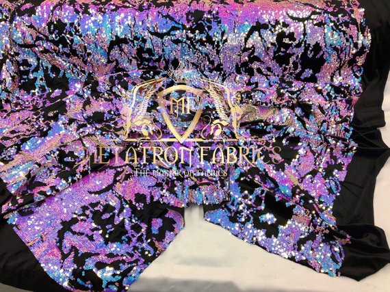 Velvet 4 Way Stretch Shiny Reversible Sequins Fabric Iridescent Aqua/Pink On Black Velvet By Yard