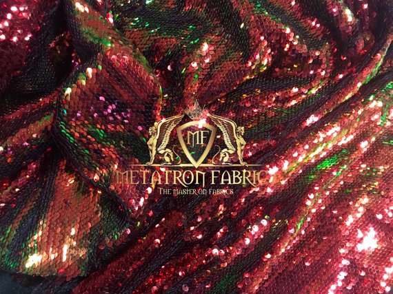 Sequins Fabric Iridescent Red-Green Flip Up 2 Way Stretch Shiny Reversible,Nightgowns-Prom By Yard