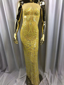Iridescent Yellow Sequin - 4 Way Stretch Embroidered Royalty Sequins Fancy Design Fabric By Yard