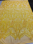 Iridescent Yellow Sequin - 4 Way Stretch Embroidered Royalty Sequins Fancy Design Fabric By Yard